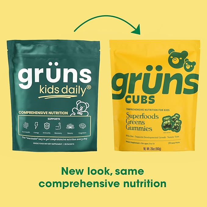 Gruns Kids Vitamins, Super Greens Gummies - Superfood Gummy Bears with Spirulina, Chlorella, 20+ Vitamins & Minerals, Prebiotics Fiber for Digestive Health, Adaptogens Supplement, 28 Day Supply