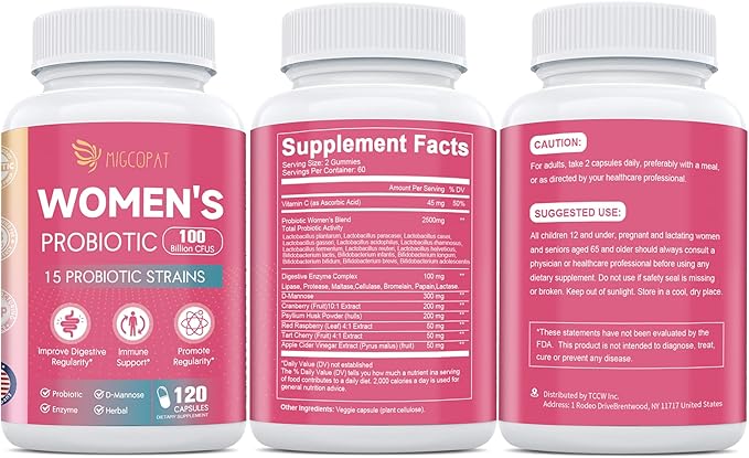 Probiotics for Women, 100 Billion CFU with Prebiotics, Digestive Enzymes, Cranberry Extract, Immune Support, Probiotic Regularity, Vaginal & Urinary Health, Women Probiotic 120 Capsules