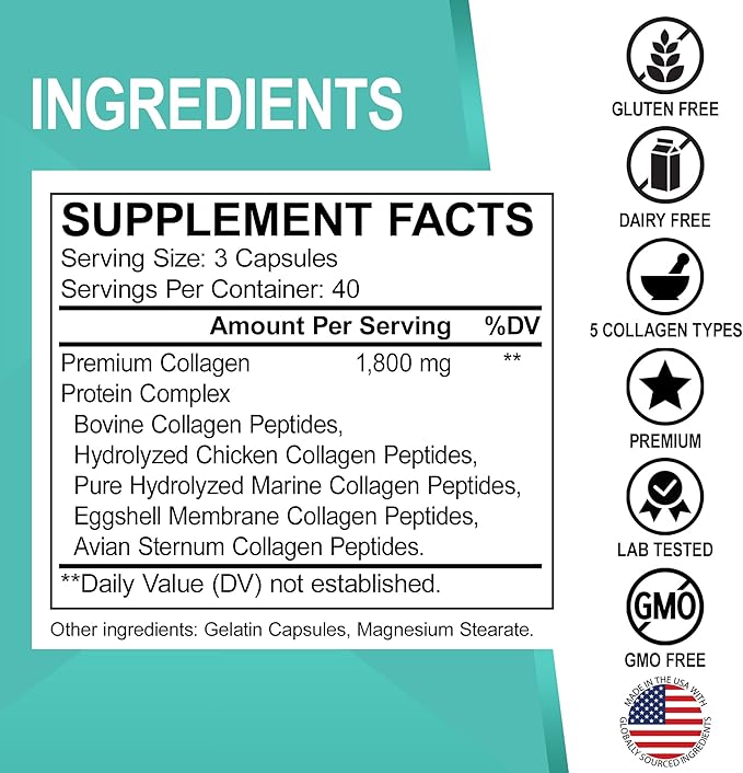 Multi Collagen Peptides for Women & Men - Type I, II, III, V, & X Multi Collagen for Women & Men Complex Capsules, Hydrolyzed Peptides Pills Supplements for Skin, Hair & Nails - 120 Protein Capsules