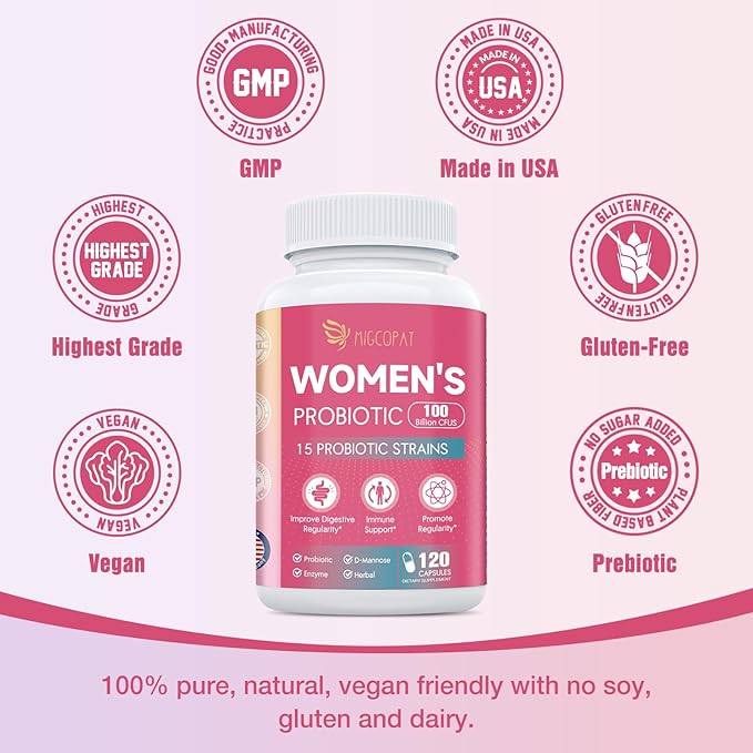Probiotics for Women, 100 Billion CFU with Prebiotics, Digestive Enzymes, Cranberry Extract, Immune Support, Probiotic Regularity, Vaginal & Urinary Health, Women Probiotic 120 Capsules