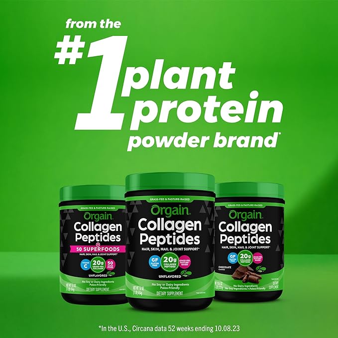 Orgain Hydrolyzed Collagen Powder + 50 Organic Superfoods For Women & Men, 20g Grass Fed Collagen with Vitamin C, Unflavored - Hair, Skin, Nail, & Joint Support Supplement, Non-GMO, Type I & III, 1lb