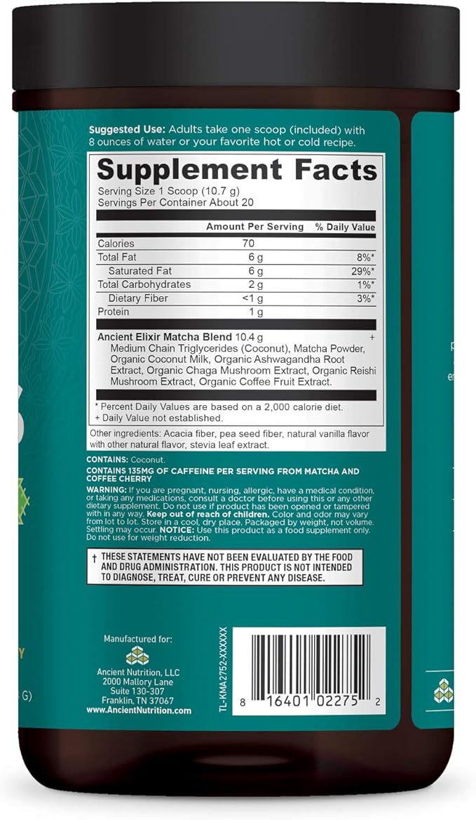 Matcha Green Tea Powder with Ashwagandha by Ancient Nutrition, Ancient Elixirs Superfood Matcha Energy Powder, with MCTs, Promotes Healthy Energy Levels, Paleo and Keto Friendly, 20 Servings