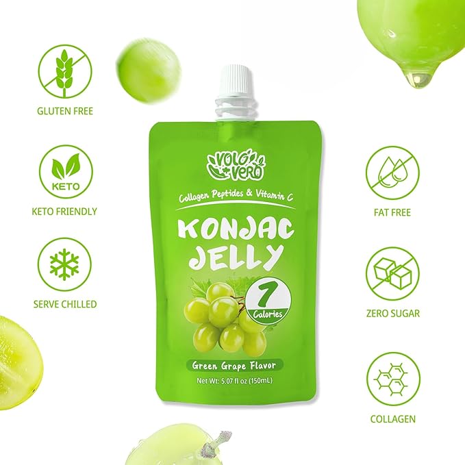 Konjac Jelly Pouch with Collagen Peptides, Low Calories (7 Kcal), Green Grape Flavor, 10 Packs, Gluten Free, Zero Sugar, Keto, Drinkable Vitamin C Sweet Healthy Fruit Snacks Gifts