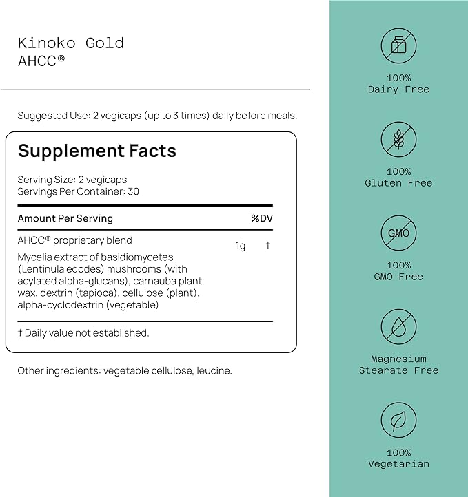 Premium Kinoko Gold AHCC Supplement–500mg of AHCC per Capsule–Supports Immune Health, Liver Function, Maintains Natural Killer Cell Activity & Enhances Cytokine Production–60 Veggie Capsules