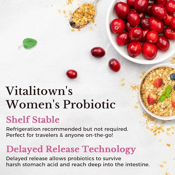 Vitalitown Probiotics for Women 120 Billion CFUs, 30 Strains, with Prebiotics & Digestive Enzymes & Cranberry, Gut & Vaginal Health, Vegan 60 (Pack of 1) Delayed Release Caps