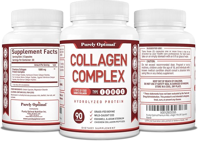 Purely Optimal Premium Multi Collagen Peptides Capsules (Types I, II, III, V, X) - Hair, Skin and Nails, Digestive & Joint Health Supplement, Hydrolyzed Collagen Pills (90 Capsules)