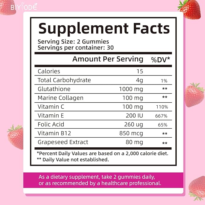 Glutathione Gummies: 1000mg Glutathione/Serving, 100mg Marine B12, Folic Extract.60 Gummies,30 Gummies,30 Day