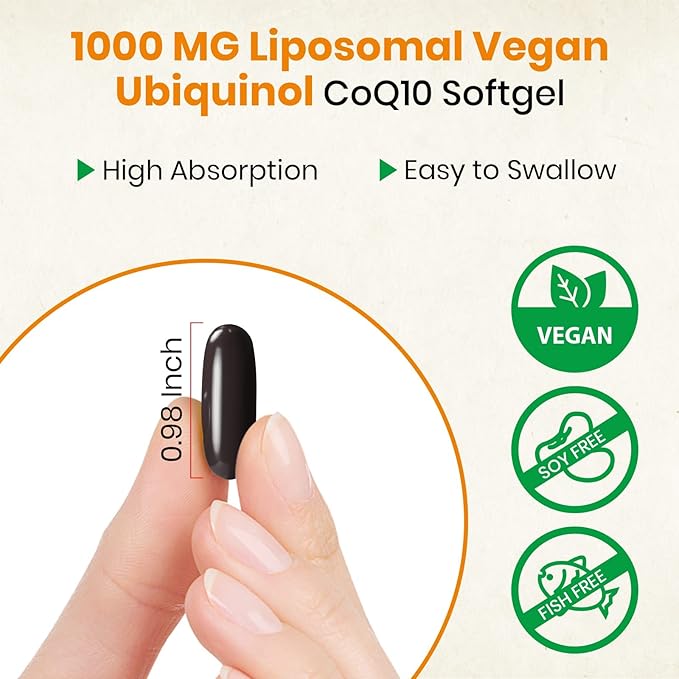 1000mg Liposomal CoQ10 Ubiquinol, 60 Vegan CoQ10 Supplement, Q10 for
