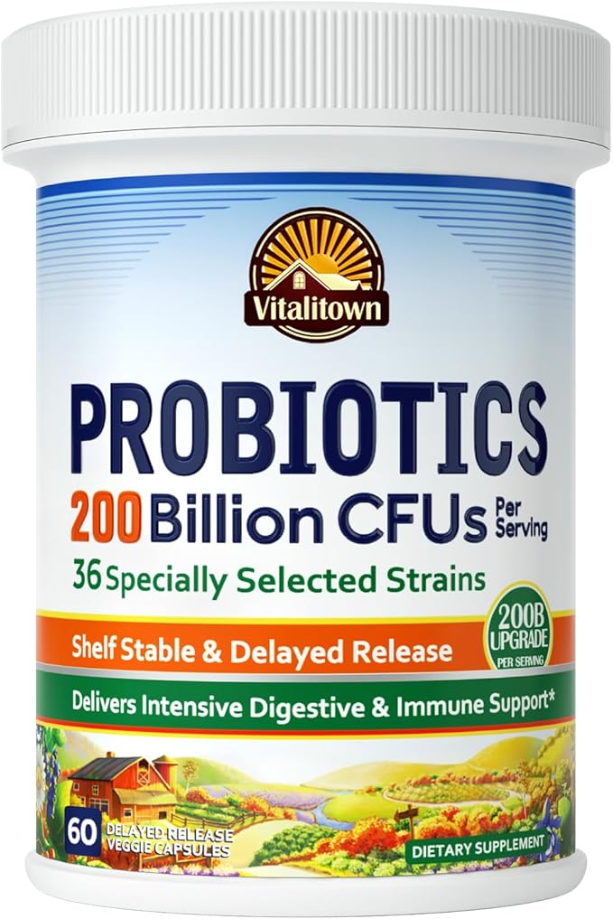 Vitalitown Probiotics 200 Billion CFUs 36 Strains | Shelf Stable, Acid & Bile Resistant | Intensive Digestive & Immune Support | Men & Women Probiotics | Vegan Non-GMO | 60 ct