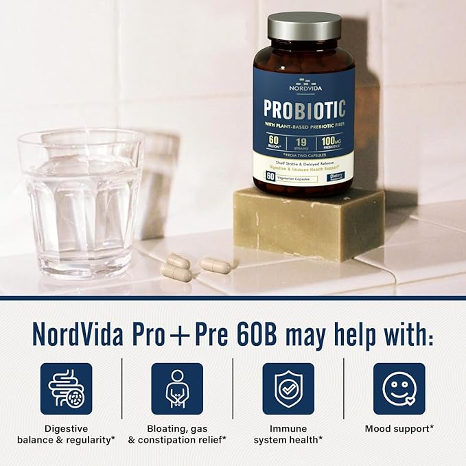 Probiotic 60 Billion 19 Strains with Organic Prebiotic for Men & Women, Digestive & Immune Health, Shelf Stable Delayed Release, Non-GMO No Dairy, 60 Vegan Caps