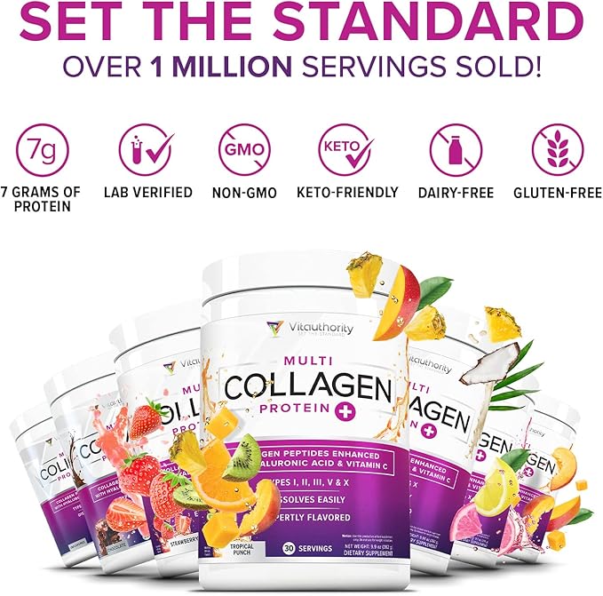 Multi Collagen Peptides Powder for Women and Men - Instant Dissolving Grass Fed Hydrolyzed Collagen Powder Drink Mix for Beautiful Hair Skin and Nails with Hyaluronic Acid and Vitamin C