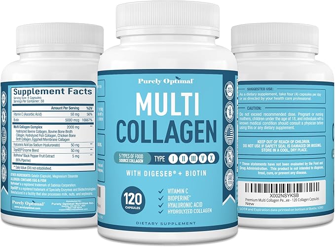 Premium Multi Collagen Peptides (Types I, II, II, V, X) - Collagen Pills for Skin Care, Hair Growth, Nails & Joints - Vitamin C, Hyaluronic Acid, Biotin, Gluten Free - 120 Collagen Capsules