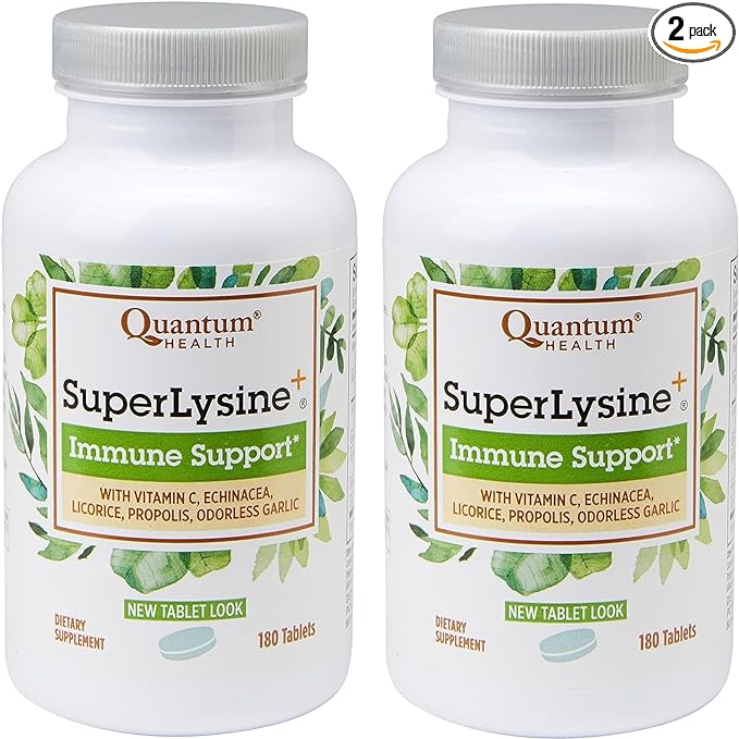 Quantum Health SuperLysine+ Advanced Formula Immune Support Supplement Lysine 1500 mg, Vitamin C Echinacea Licorice Bee Propolis & Odorless Garlic - 180 Tablets (Pack of 2)