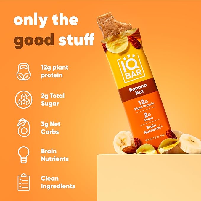 IQBAR Brain and Body Plant Protein Bars - Banana Nut - 24-Count Low Carb - Gluten Free, High Fiber, Vegan Snacks - Low Sugar Meal Replacement