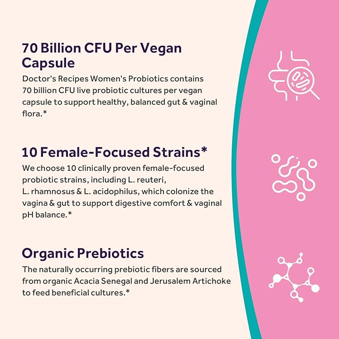 Doctor's Recipes Probiotics for Women, Organic Prebiotics and Probiotics for Digestive Health, Vaginal Health, 70 Billion CFU, 10 Strains, Shelf Stable, 30 Capsules