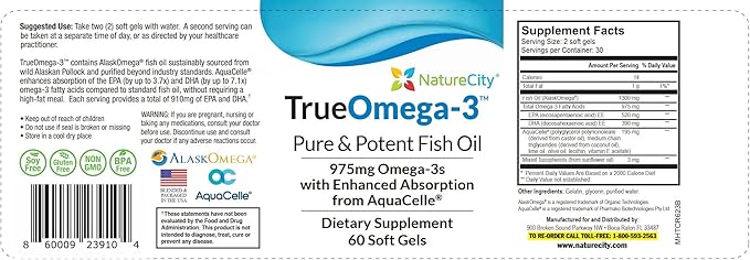 True-Omega-3 975mg Omega-3 Fish Oil Supplements (60 SoftGels)