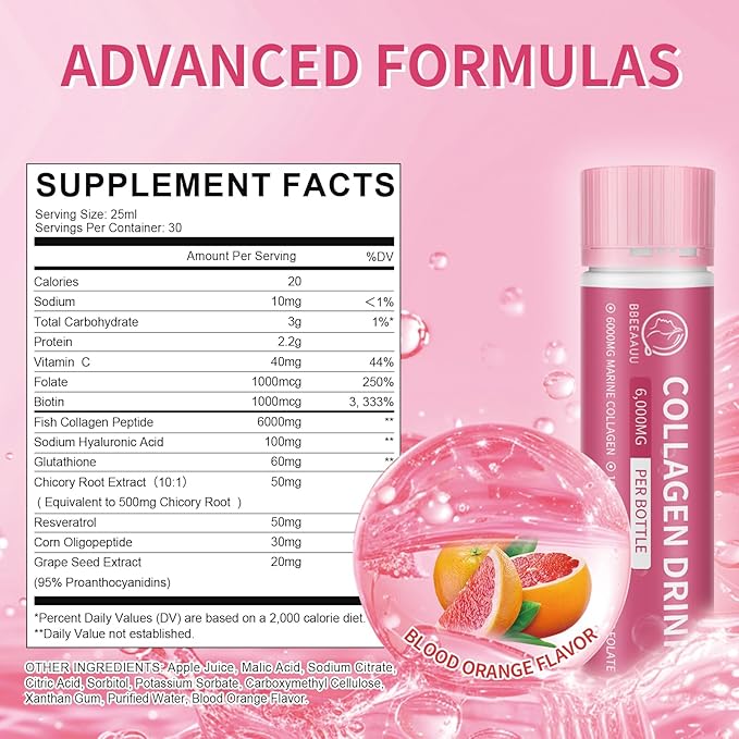 Collagen Drink with 6000mg Marine Collagen 0.85 Fl.Oz(25ml)x30 Fl.Oz(25ml)x30 Bottles,