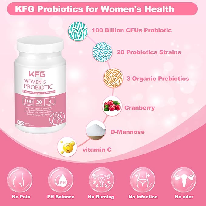KFG Women's Probiotic, 100 Billion CFUs, 20 Strains, with Organic Prebiotics+Cranberry & D-Mannose, for Boost Immune, Digestive, Gut, Vaginal & Urinary Health, Gluten Dairy & Soy Free, 100 Tablets.