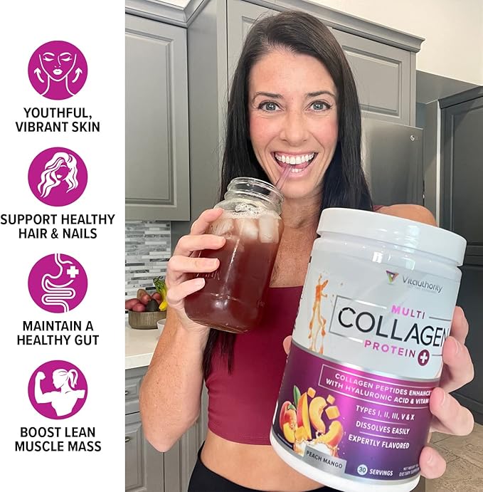 Multi Collagen Peptides Powder for Women and Men - Instant Dissolving Grass Fed Hydrolyzed Collagen Powder Drink Mix for Beautiful Hair Skin and Nails with Hyaluronic Acid and Vitamin C