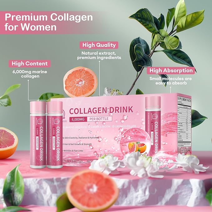 Collagen Drink with 6000mg Marine Collagen 0.85 Fl.Oz(25ml)x30 Fl.Oz(25ml)x30 Bottles,
