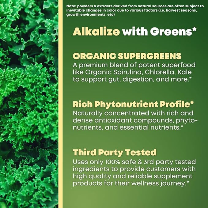 Organic Super Greens Superfood Capsules Supplement - Spirulina, Chlorella, Wheatgrass, Kale Powder, Sulforaphane, Antioxidants - Gut Health, Digestion, Energy, Immunity Support - 120 Vegan Capsules