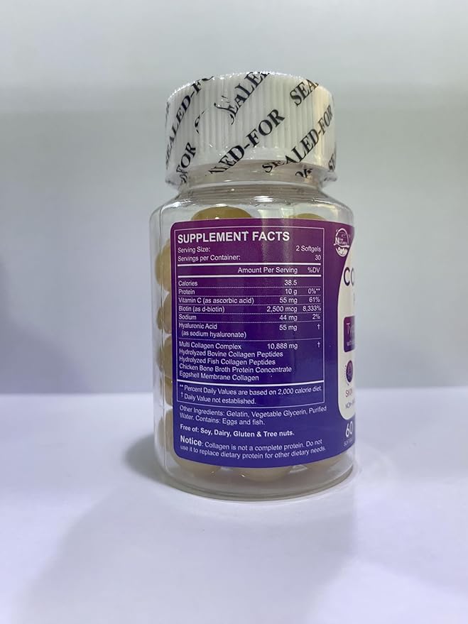 Multi Collagen Peptides Softgel - Type I, II, III, V, X - Hydrolyzed Collagen Peptides with Biotin, Vitamin C, Hyaluronic Acid, Supports Skin Hair Nail, Grass-Fed, Non-GMO, 60 Softgel, 3 Pack