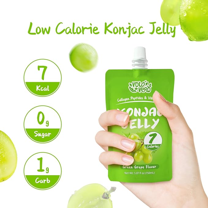 Konjac Jelly Pouch with Collagen Peptides, Low Calories (7 Kcal), Green Grape Flavor, 10 Packs, Gluten Free, Zero Sugar, Keto, Drinkable Vitamin C Sweet Healthy Fruit Snacks Gifts