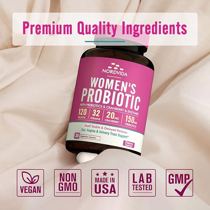 Women's Probiotic, 120 Billion & 32 Strains with Cranberry, Prebiotics & Digestive Enzymes, Gut, Vaginal & Urinary Tract Support, 30 Delayed Release Capsules