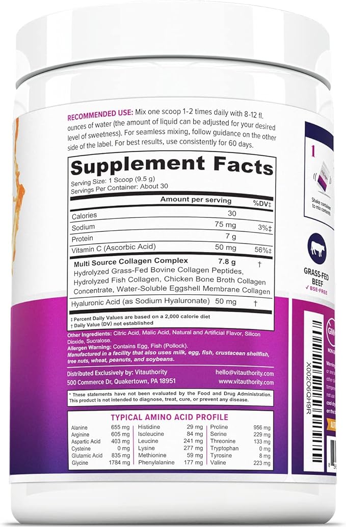 Multi Collagen Peptides Powder for Women and Men - Instant Dissolving Grass Fed Hydrolyzed Collagen Powder Drink Mix for Beautiful Hair Skin and Nails with Hyaluronic Acid and Vitamin C