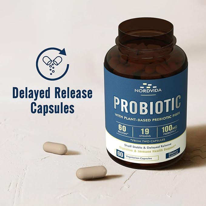 Probiotic 60 Billion 19 Strains with Organic Prebiotic for Men & Women, Digestive & Immune Health, Shelf Stable Delayed Release, Non-GMO No Dairy, 60 Vegan Caps