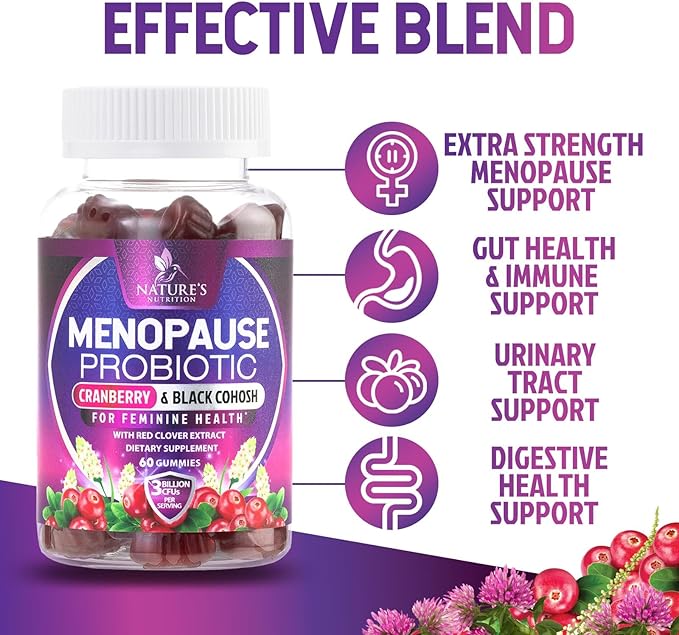 Menopause Probiotic for Women Gummy with Cranberry, 3 Billion CFU Natural Menopause Relief for Mild Hot Flashes & Night Sweats, PH, Vaginal Health, Immune Support, Probiotic Supplement - 60 Gummies