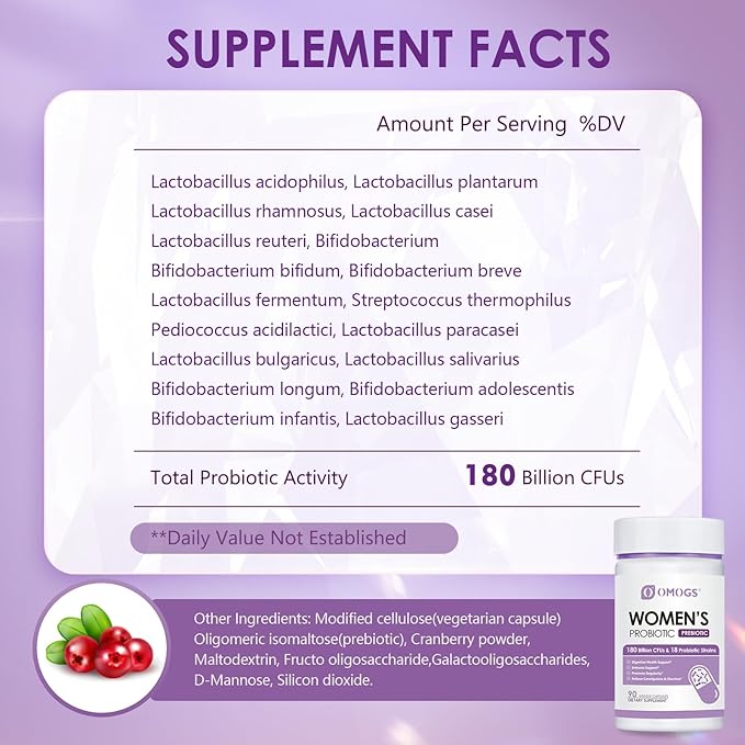 Women's Probiotic 180 Billion CFUs 18 Strains, with Organic Prebiotics, Cranberry Extract, D-Mannose & Digestive Enzymes, for Digestive, Boost Immune, PH Balance & Urethral Health, 90 Capsules