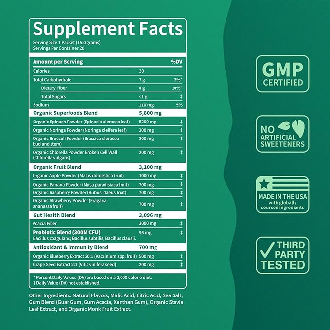 Nello Supergreens Premium Superfood Greens Drink Mix w/Chlorella, Moringa, Spinach & Broccoli + Digestive Enzymes & Probiotic Blend -Nutrient-Packed Powder Wellness (Mango Peach, 20 SRV, Travel Pack)