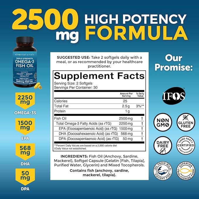 Viva Naturals Triple Strength Omega 3 2500 mg 3 Fatty 60 Pescatarian-Friendly