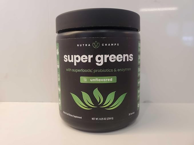NutraChamps Super Greens Powder Premium Superfood | 20+ Organic Green Veggie Whole Foods | Wheat Grass, Spirulina, Chlorella | Antioxidant, Digestive Enzyme & Probiotic Blends (9.0 Oz, Unflavored)