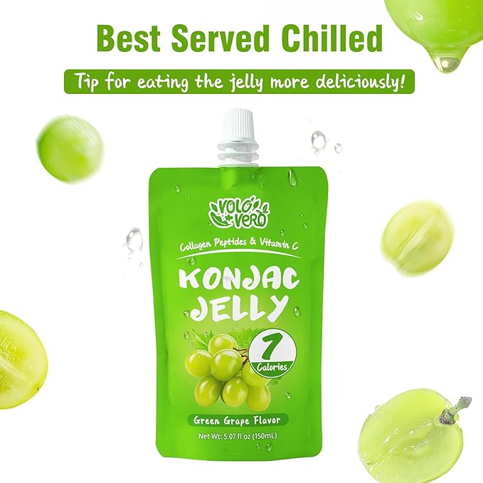 Konjac Jelly Pouch with Collagen Peptides, Low Calories (7 Kcal), Green Grape Flavor, 10 Packs, Gluten Free, Zero Sugar, Keto, Drinkable Vitamin C Sweet Healthy Fruit Snacks Gifts