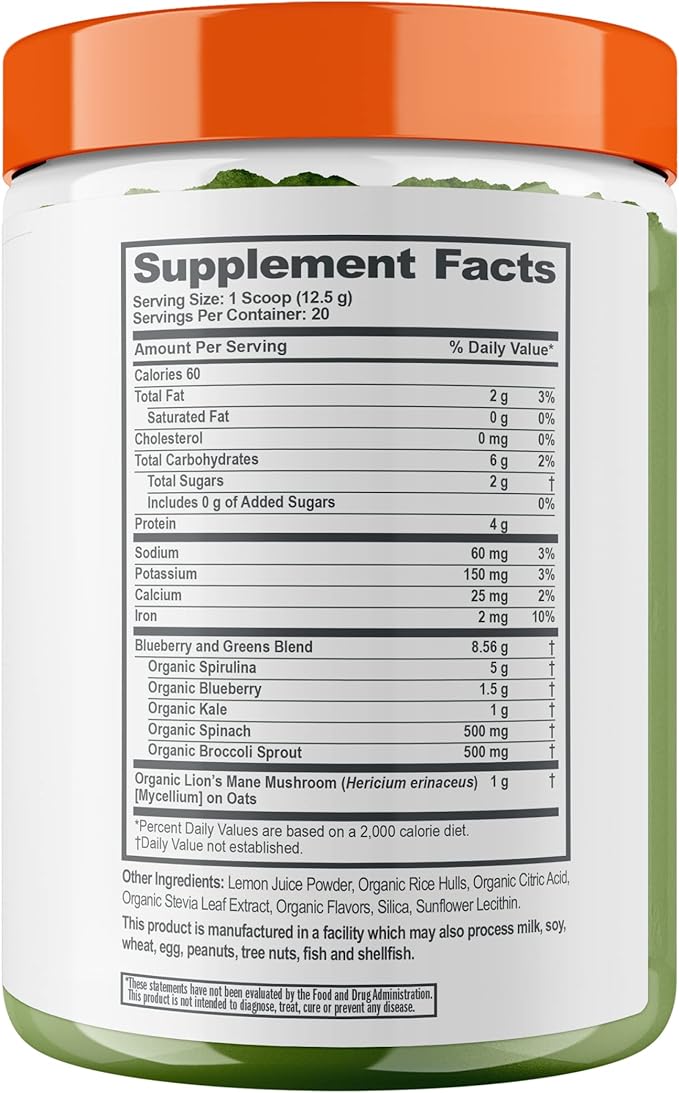 The Genius Brand - Super Greens Superfood Powder, Nootropic Supplement - Organic Spirulina Powder with Lion's Mane, Kale, Spinach & Antioxidants - Juice & Smoothie Mix for Energy, Immunity & Health