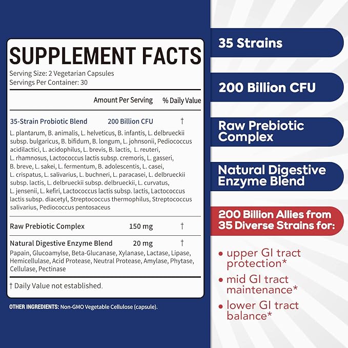 Probiotic for Men & Women, 200 Billion CFU 35 Strains, Prebiotics + Digestive Enzymes, Supreme Restore Probiotic Supplement, Upper, Mid, Lower GI Tract Balance, 60 Veggie Capsules, 1 Month