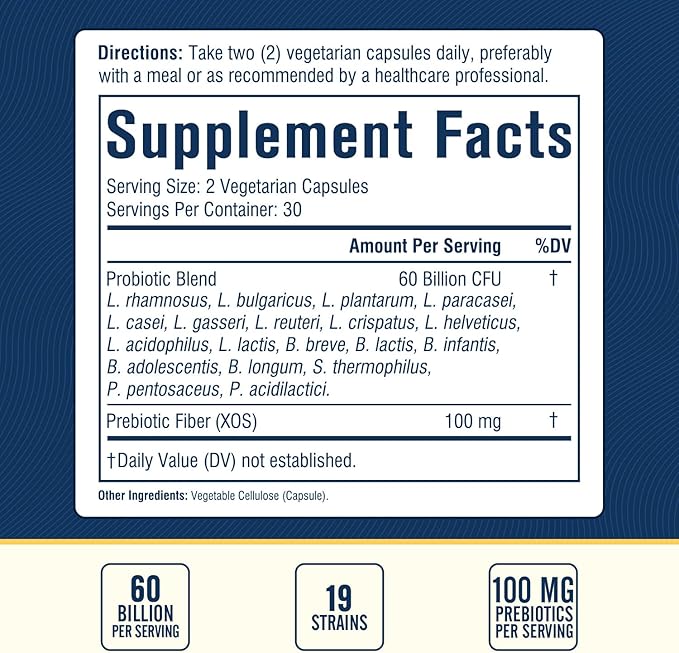 Probiotic 60 Billion 19 Strains with Organic Prebiotic for Men & Women, Digestive & Immune Health, Shelf Stable Delayed Release, Non-GMO No Dairy, 60 Vegan Caps