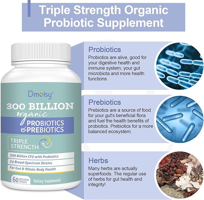 Probiotics for Women and Men, 300 Billion CFU 24 Strains Probiotics + 15 Organic Herbs Prebiotics Blend, Shelf Stable Gut Health Supplement for Digestive Immune & Whole-Body Health, 8 Month Supply