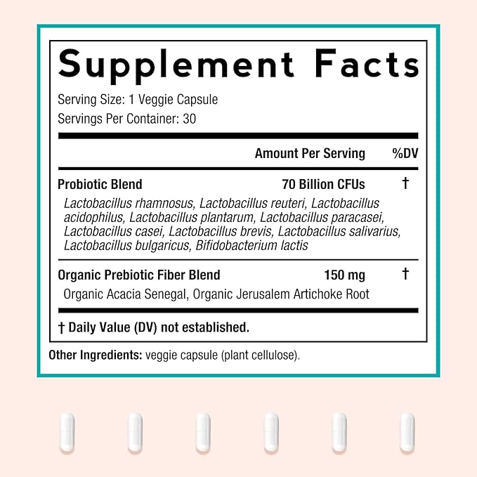 Doctor's Recipes Probiotics for Women, Organic Prebiotics and Probiotics for Digestive Health, Vaginal Health, 70 Billion CFU, 10 Strains, Shelf Stable, 30 Capsules