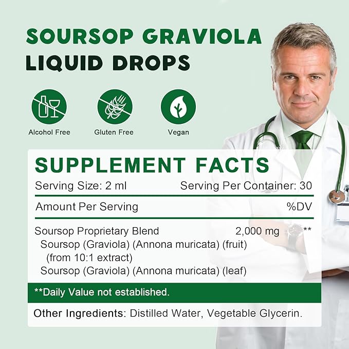 (2 Pack) Organic Soursop Graviola Liquid Drops, Soursop Extract Organic Pure for Natural Antioxidant, Cell Support & Regeneration, Immune Boost, Soursop Bitters Liquid Rich in Multivitamin - 2 FL OZ