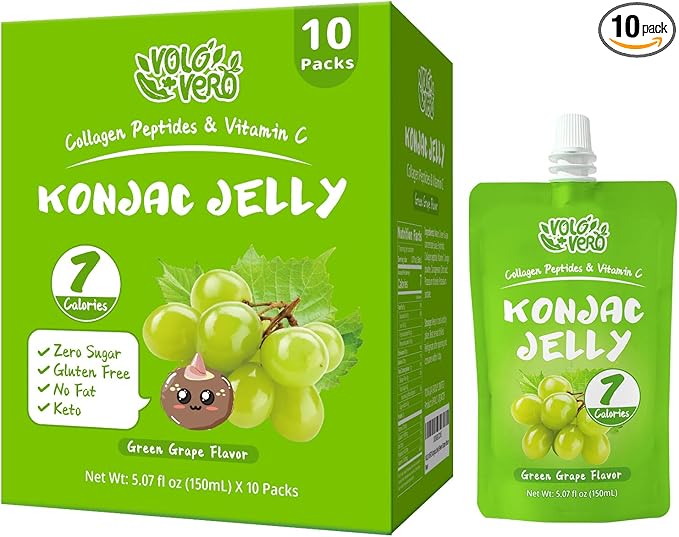 Konjac Jelly Pouch with Collagen Peptides, Low Calories (7 Kcal), Green Grape Flavor, 10 Packs, Gluten Free, Zero Sugar, Keto, Drinkable Vitamin C Sweet Healthy Fruit Snacks Gifts