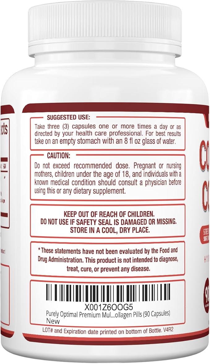 Purely Optimal Premium Multi Collagen Peptides Capsules (Types I, II, III, V, X) - Hair, Skin and Nails, Digestive & Joint Health Supplement, Hydrolyzed Collagen Pills (90 Capsules)