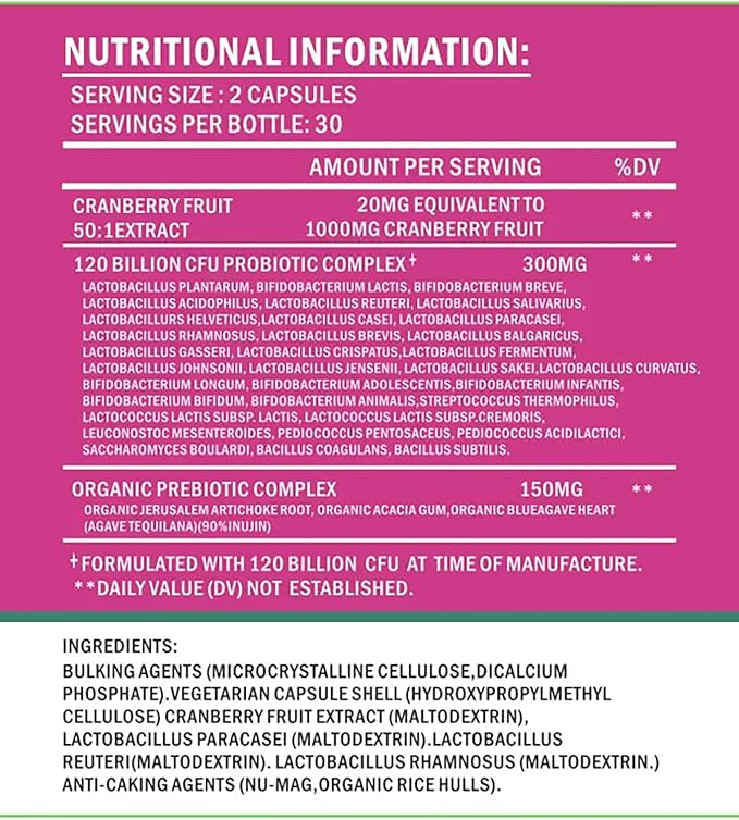 Vaginal Prebiotic+Probiotic with Cranberry, 120 Billion CFU, 32 Strains, 150mg Prebiotics