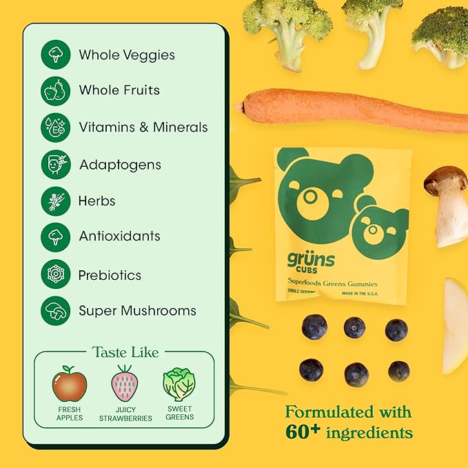 Gruns Kids Vitamins, Super Greens Gummies - Superfood Gummy Bears with Spirulina, Chlorella, 20+ Vitamins & Minerals, Prebiotics Fiber for Digestive Health, Adaptogens Supplement, 28 Day Supply