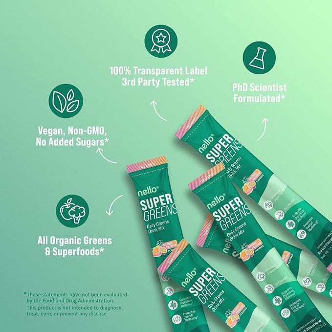 Nello Supergreens Premium Superfood Greens Drink Mix w/Chlorella, Moringa, Spinach & Broccoli + Digestive Enzymes & Probiotic Blend -Nutrient-Packed Powder Wellness (Orange 20 SRV, Travel Pack)