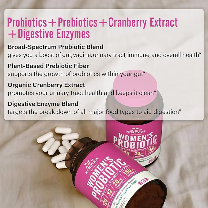 Women's Probiotic, 120 Billion & 32 Strains with Cranberry, Prebiotics & Digestive Enzymes, Gut, Vaginal & Urinary Tract Support, 30 Delayed Release Capsules