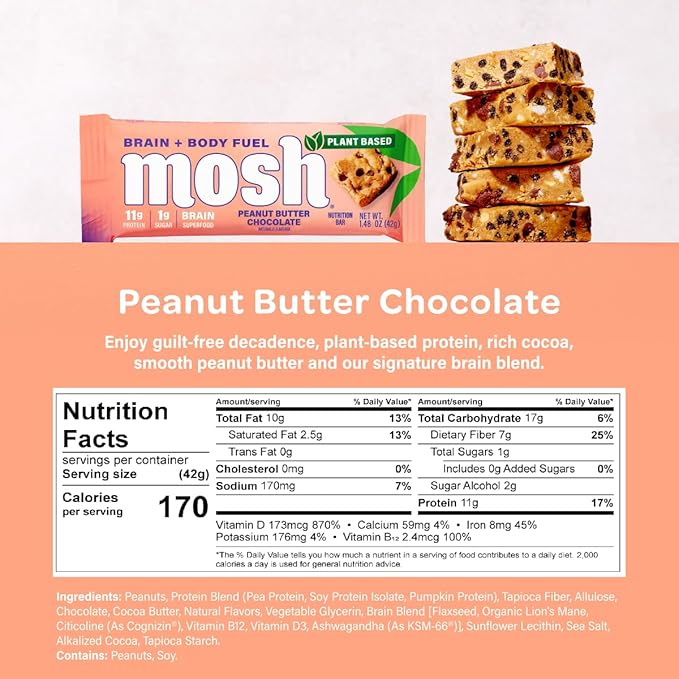 MOSH Peanut Butter Chocolate Plant Based Keto Protein Bars, High Protein, Gluten Free, Brain Healthy Snack with Ashwagandha, and Lion's Mane, 12 Count