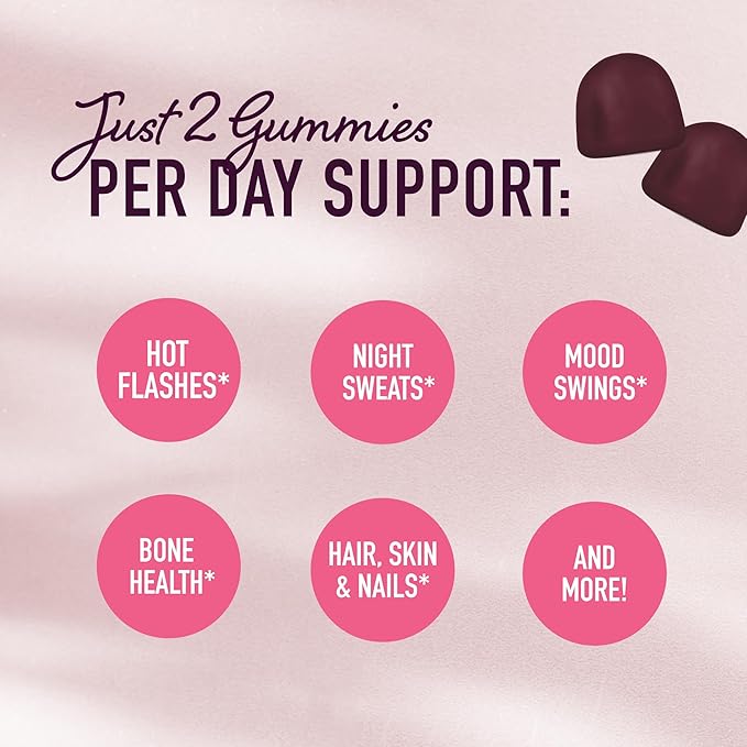 Menopause Support Gummies | Hormone Balance Relief for Hot Flashes, Night Sweats, Mood Swings, & Bloating | with Phytoestrogen Soy, Vitamin D3, PABA, Biotin | Vegetarian, Gluten-Free | 60 Count